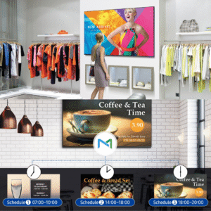 konsumen memperhatikan iklan fashion dan juga iklan kopi dengan menggunakan magic info samsung
