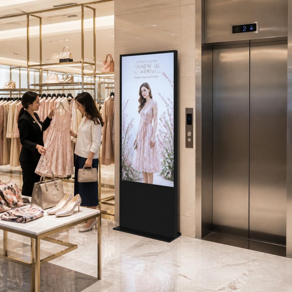 Kiosk samping lift menampilkan fashion terbaru